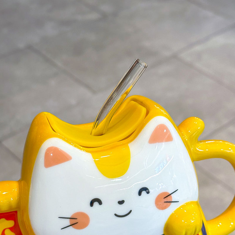 Taza de gatos bonitos de 450ML con pajita y tapa, Taza de leche de té y café de cerámica, regalo de año, cumpleaños para niños