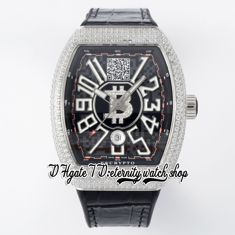 ABF Vanguard Encrypto V45 A2824 Automatische heren Watch Iced Out Diamonds Case Black Dial met Bitcoins Wallet Address Leather Riem Super Edition Eternity Watches