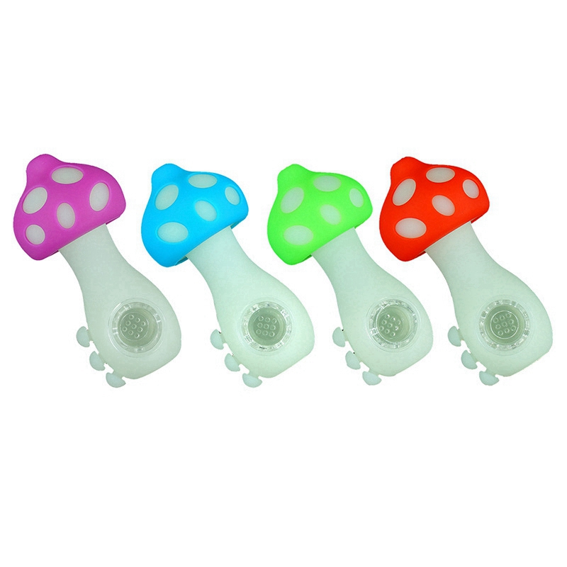 Wholesale Glow In Dark Pipes Colorful Silicone Mushroom Shape Herb Tobacco Oil Rigs Glass Porous Hole Filter Bowl Handpipes Smoking Cigarette Holder Tube