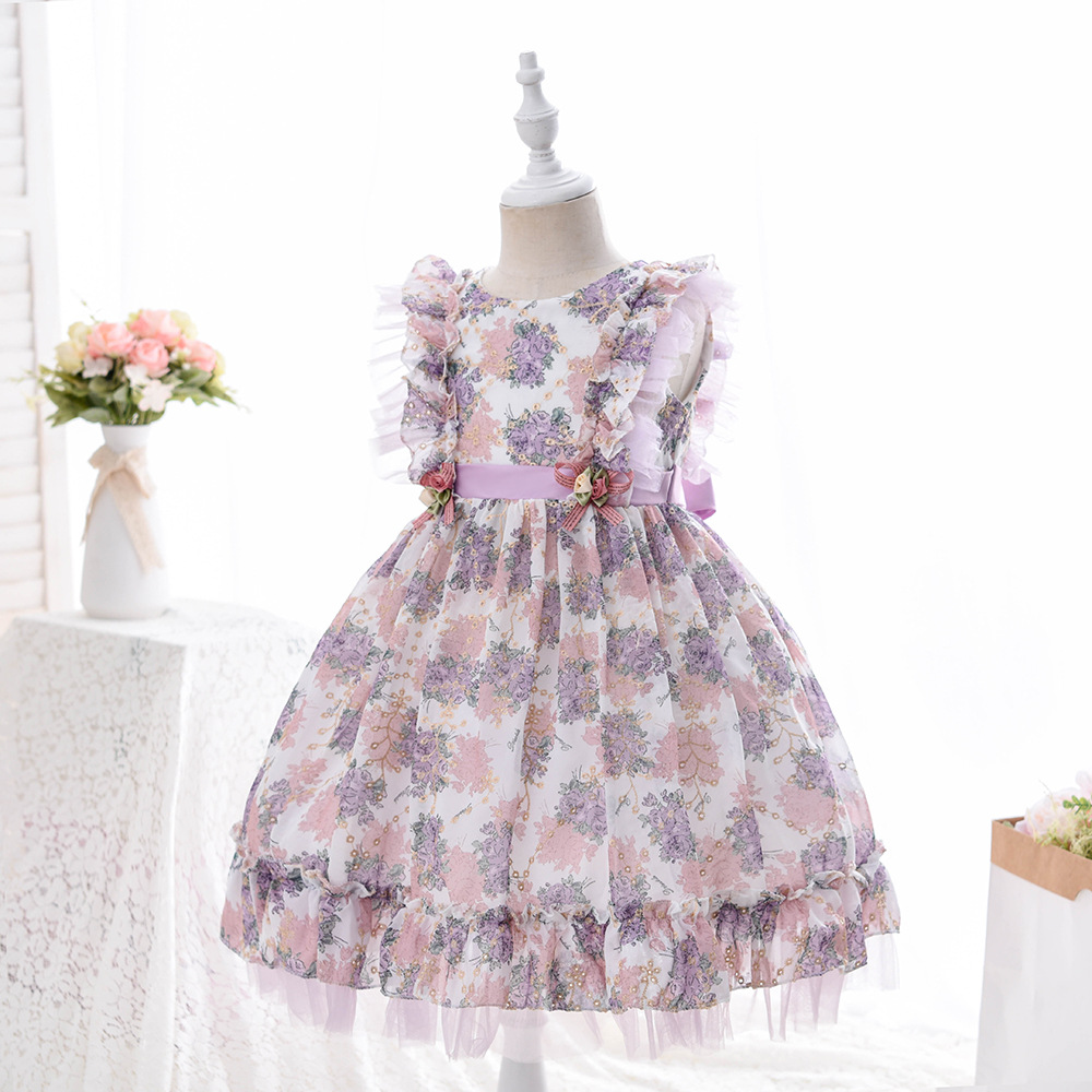 4-9 år barn lolita klänning blommor flickor spanska lila blommig vintage stil barn ryggs puff ärm klänning vestido