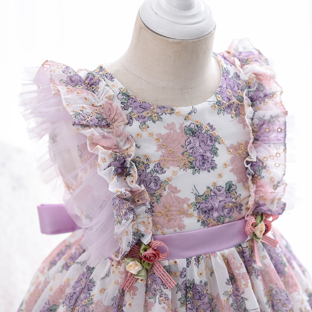 4-9 år barn lolita klänning blommor flickor spanska lila blommig vintage stil barn ryggs puff ärm klänning vestido