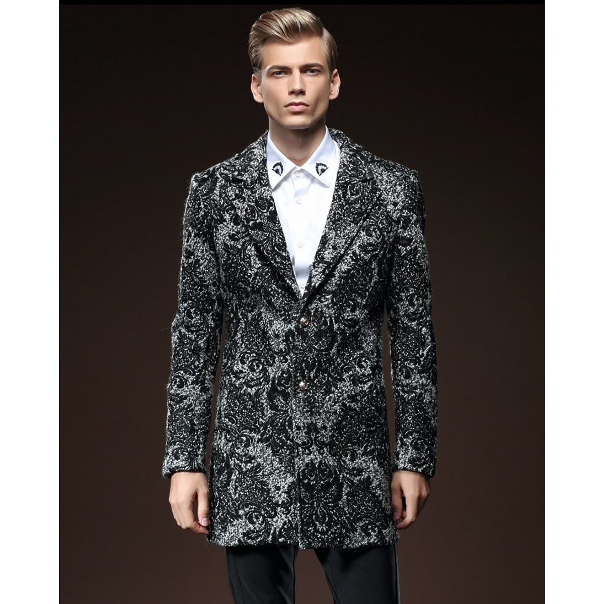 Jednoczęściowy smoking ślubny Mężczyźni garnituje Jacquard Modern Modern Formal Slim Dwie-Button Dostosowane dopasowanie klapy Trzy zewnętrzne kieszenie Średnia długa płaszcz