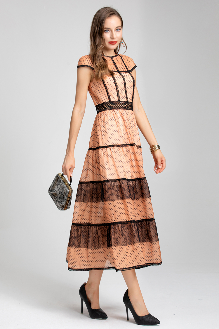 女性用ドレスOネック半袖ドット印刷されたエレガントなファッションデザイナーロングドレスベスティドス