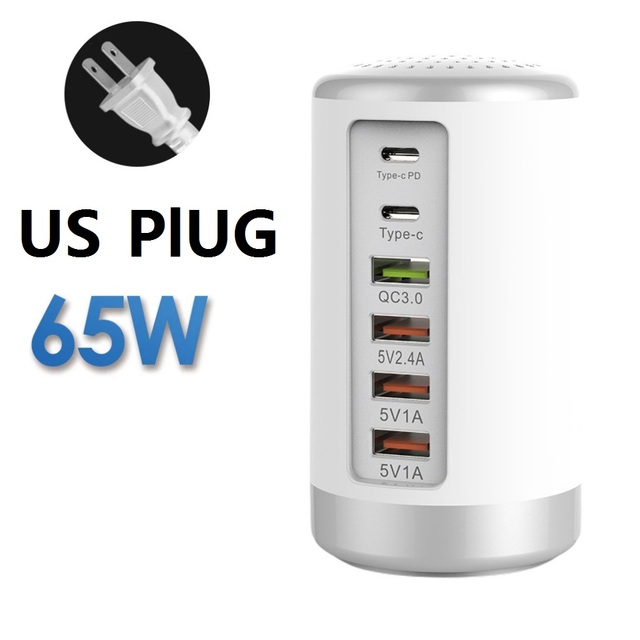 Universal 65W USB Fast Charger Hub Quick Charge QC3.0 Multi 6 Port USB Type C PD Charger Station لجهاز الكمبيوتر اللوحي للهاتف المحمول