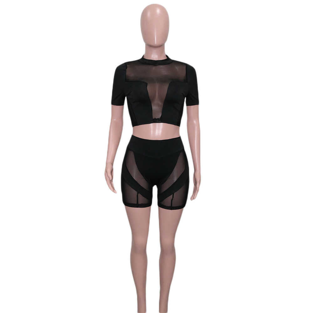 Women039s Two Piece Pants Anjamanor Sheer Mesh Insert Black Two Piece Set Women Crop Top and Shorts Matching Set Sexy Club Out1864344