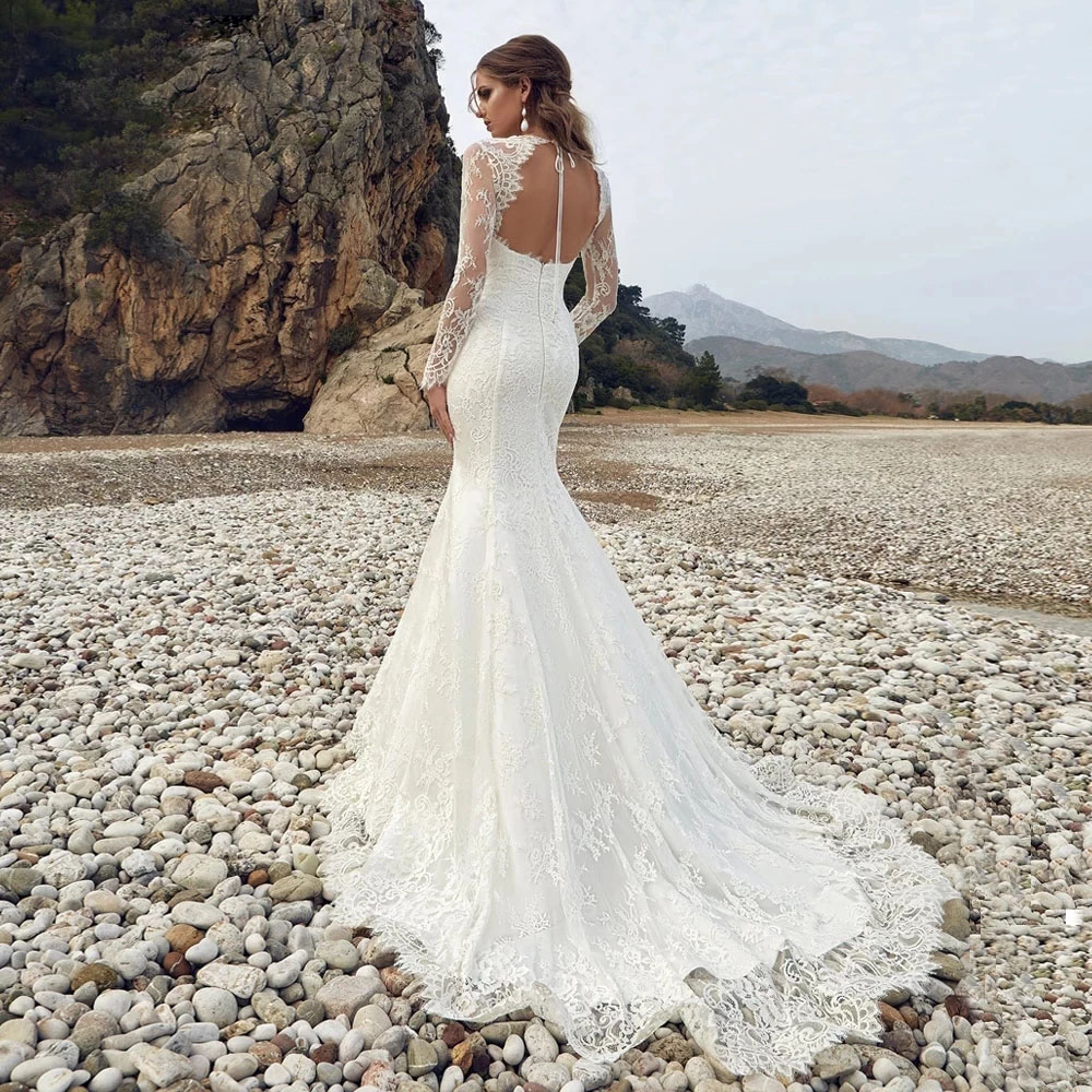 Real Beach Mermaid Wedding Dress Classic Bride Gown Vestido de Noiva Pure Love Lace Appliques Cut-Out V Neck Full Sleeve