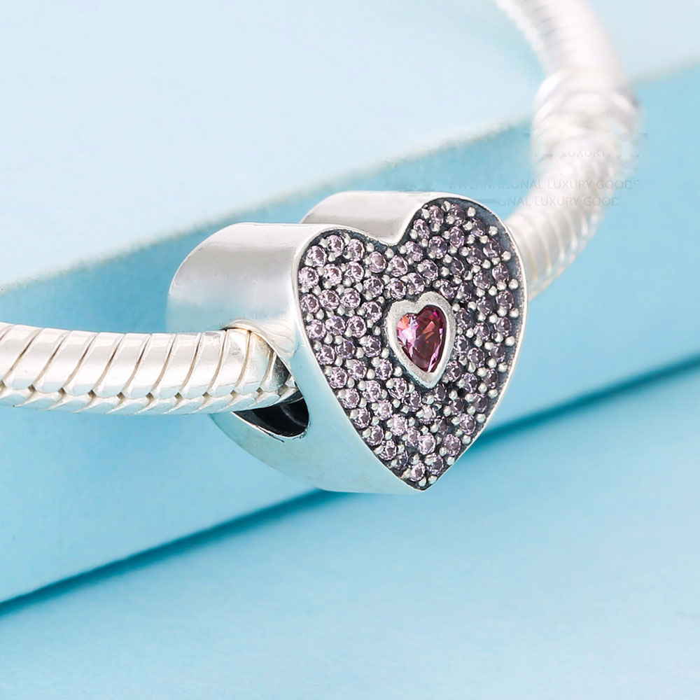 Coeur d'amour en argent sterling 925 avec perle Cz rose convient aux bracelets à breloques européens de bijoux Pandora