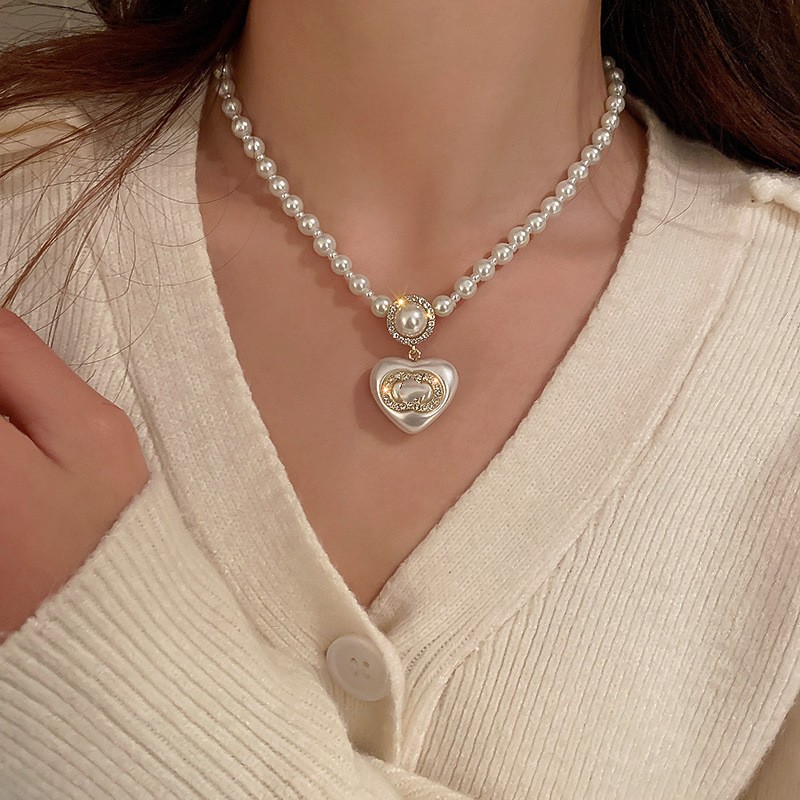 Famous Designer Double Ring Pendant Necklace Earrings 2 in Heart Pearl Shape Luxury Fashion Jewelry Wedding