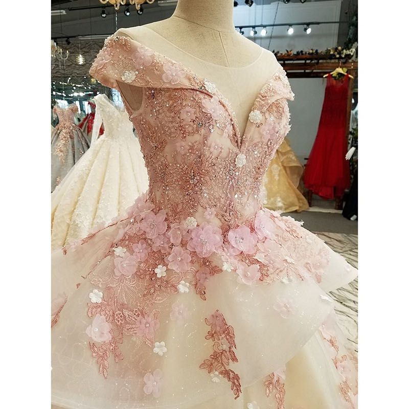 2023 Luxury Evening Dresses Wear Pink Lace Appliques Crystal Beads Sequin 3D flowers appliques Sweep Train Formal Bridal Pageant Prom Gowns Custom Made