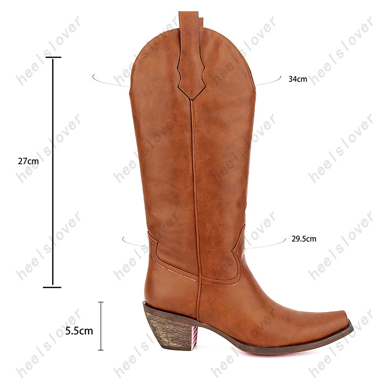 Heelslover Western femmes hiver mi-mollet bottes bloc talons bout pointu marron Cowboy chaussures dames taille américaine 5-15