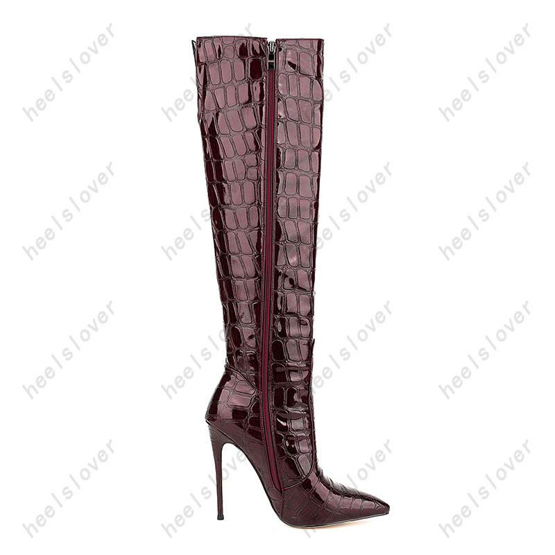 Heelslover Handmade Women Winter Knee Boots Stiletto Heels Pointed Toe Gorgeous Wine Red Prom Shoes Ladies US Size 5-13