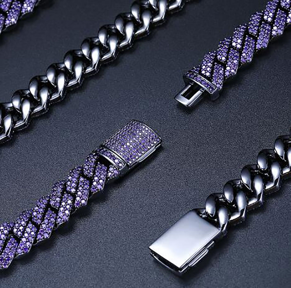 Chaîne à maillons cubains glacés de 15mm, 2 rangées de diamants CZ violets, zircone cubique, bijoux hip hop, collier ras du cou de 16 à 24 pouces, 230j