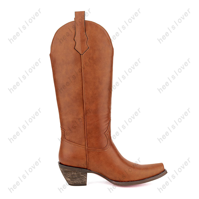 Heelslover Western femmes hiver mi-mollet bottes bloc talons bout pointu marron Cowboy chaussures dames taille américaine 5-15