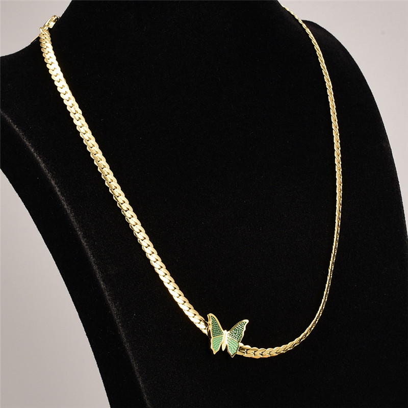 Vintage 316L Titanium Steel Gold Chain Green Butterfly Necklace Designer Woman 18k Gold Chokers Chains Necklaces for Women Party Friend Gift Punk Fashion Jewelry