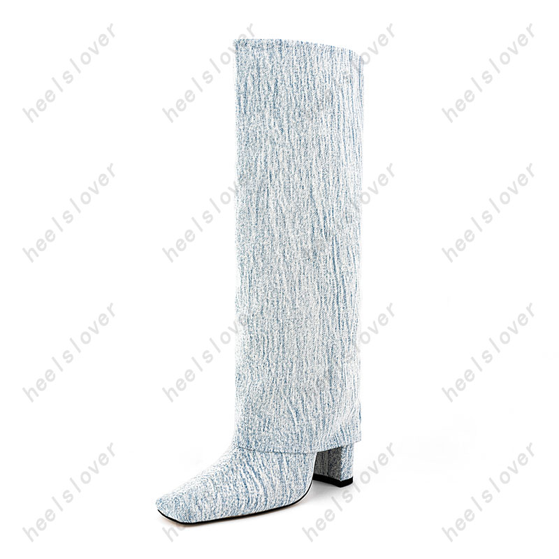 Heelslover Fashion Women Winter Knee Boots chunky Heels Square Tee Elegant Light Blue Prom Shoes Ladies Us Size 5-13