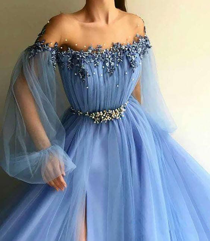 Fairy Sky Blue Prom Kleider appliziert Perle Ein Linie Juwel -Dichter Langarmes formelle Abendkleider vorne Split Plus Size Vestidos de Fiest