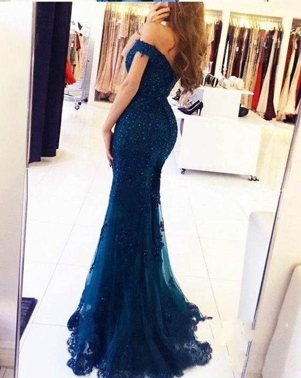 Off The Shoulder Mermaid Long Evening Dresses Tulle Appliques Beaded Custom Made Formal Evening Gowns Prom Party Dresses