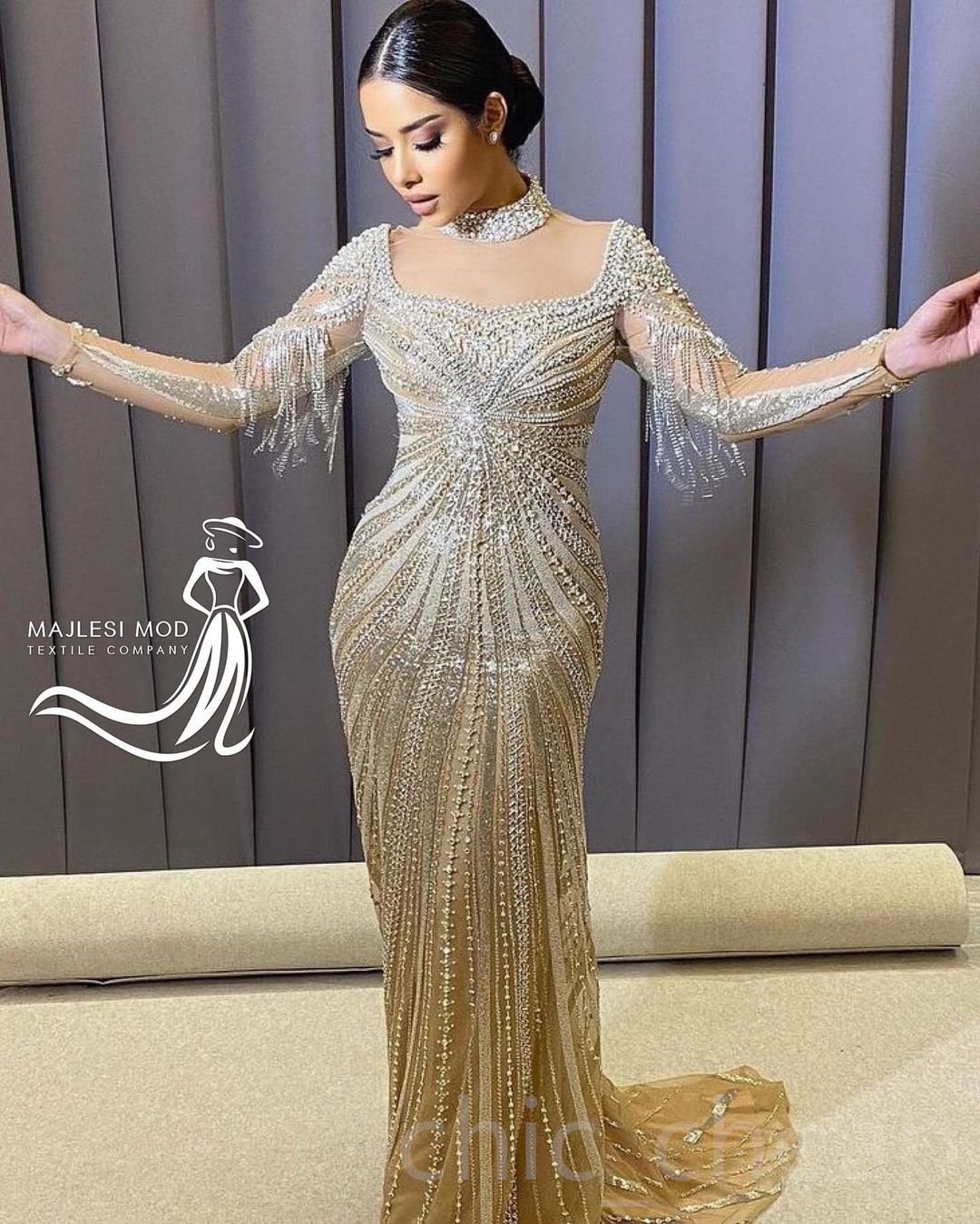 2023 Arabe Aso Ebi Gold Mermaid Robes de bal Crystals Crystals Soir￩e F￪te formelle Deuxi￨me r￩ception Robes de fian￧ailles d'anniversaire Robe ZJ632