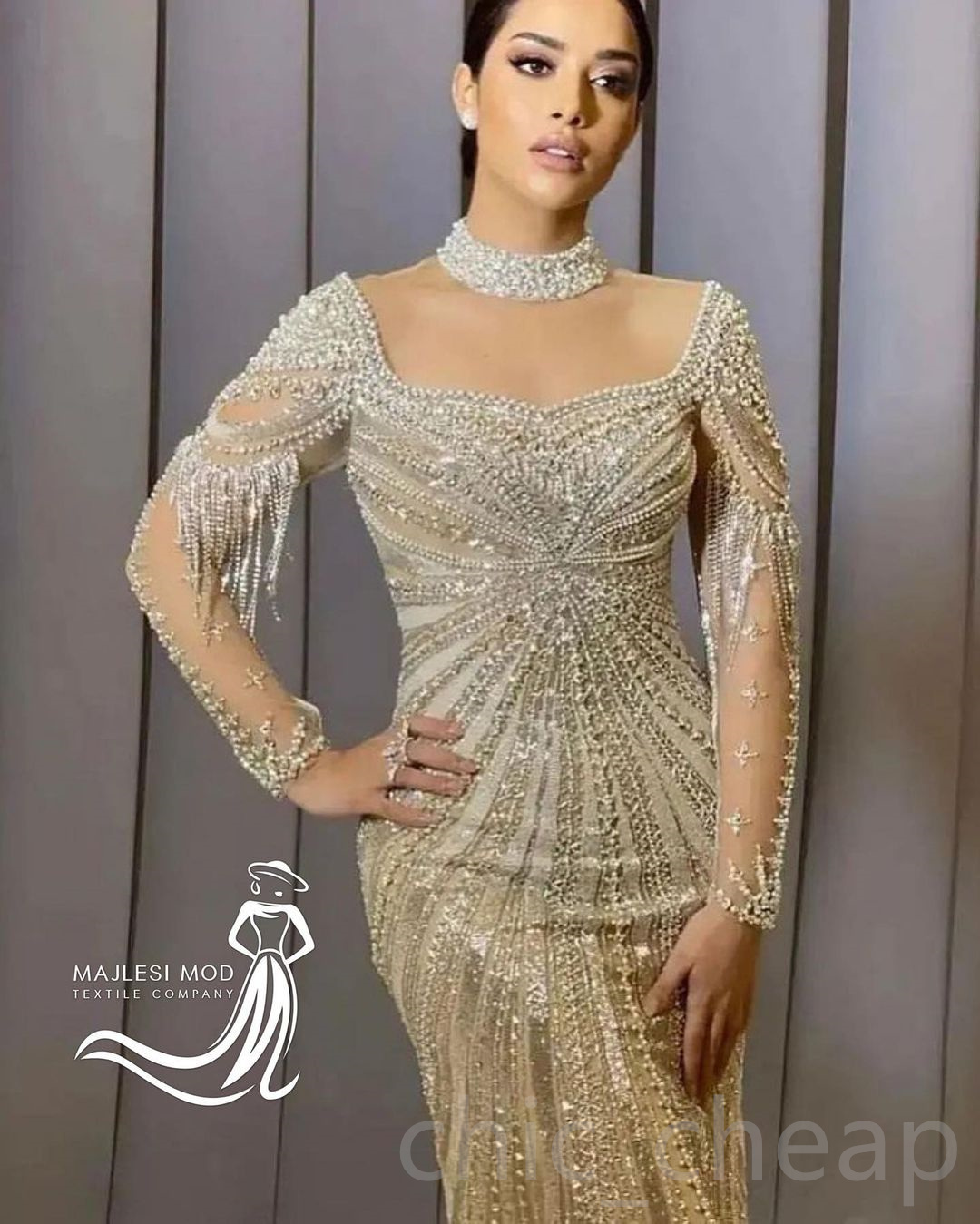 2023 Arabe Aso Ebi Gold Mermaid Robes de bal Crystals Crystals Soir￩e F￪te formelle Deuxi￨me r￩ception Robes de fian￧ailles d'anniversaire Robe ZJ632