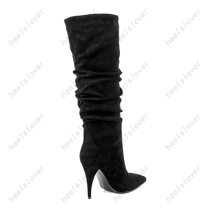 Heelslover Handgefertigte Damen-Winter-Kniestiefel aus Wildlederimitat mit Spike-Absätzen, spitzer Zehenbereich, elegante schwarze Partyschuhe für Damen, US-Größe 5–13