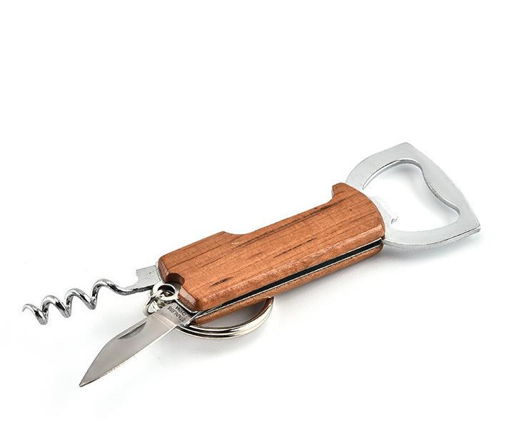 Wooden Handle Bottle Openers Keychain Knife Pulltap Double Hinged Corkscrew Stainless Steel Key Ring Opening Tools Bar SN586