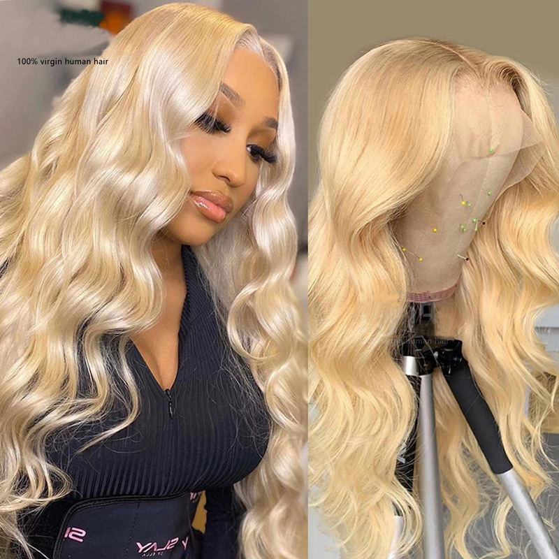 Brasilianskt mänskligt hår 13x4 Spetsfront Wig Silky Straight Body Wave 613# Blond Färg 10-32 tum fri del 150% 180% 210% densitet