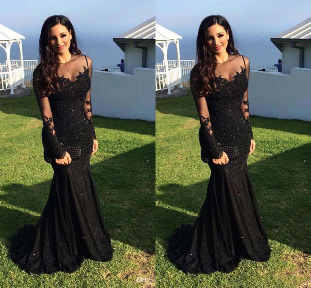 Robes de soirée sexy arabe bijou cou illusion dentelle appliques cristal perlé sirène noire manches longues robe de soirée formelle robes de bal