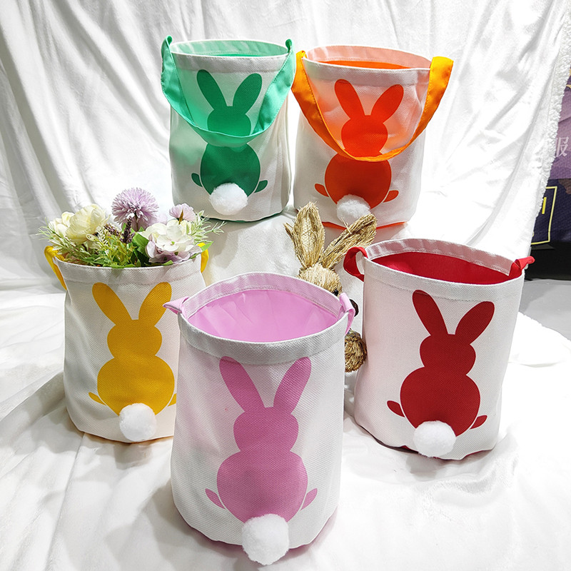 Décoration de cadeau de fête Sacs de panier de lapin de Pâques Sacs de transport de cadeaux et d'œufs Sac de bonbons de chasse Queues pelucheuses Jouets de lapin imprimés Seau Fourre-tout 9 couleurs