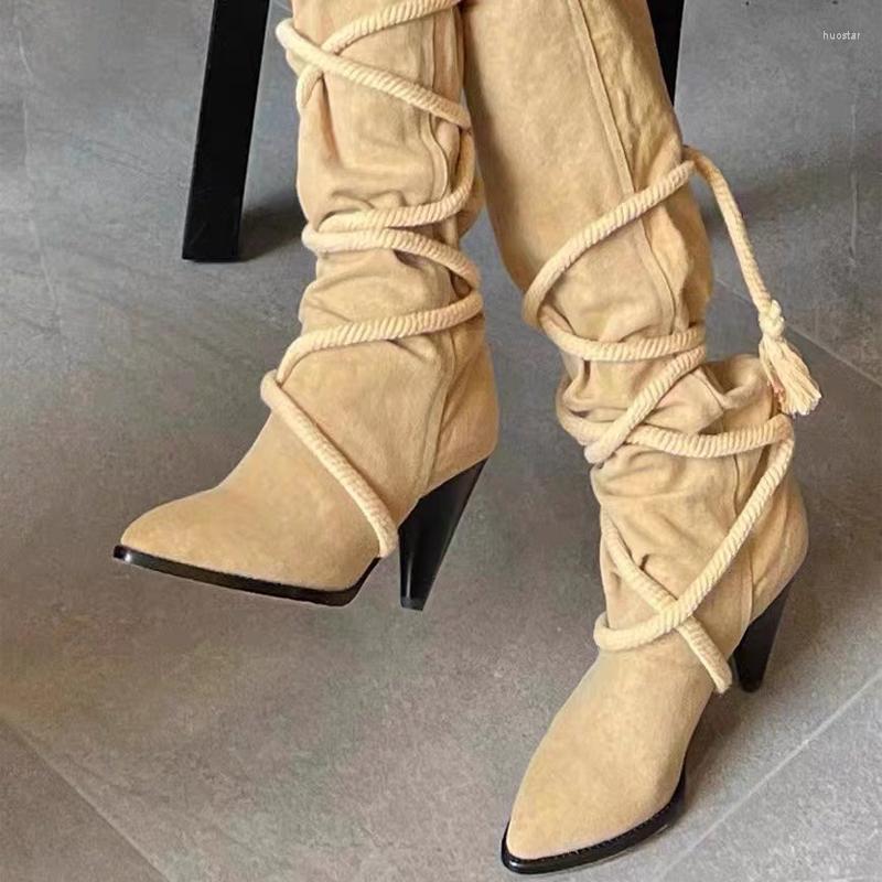 Boots Retro Lace-Up Fashion Pointed Toe Western Cowboy Imported Genuine Leather All-Match Strappy Shoes Women