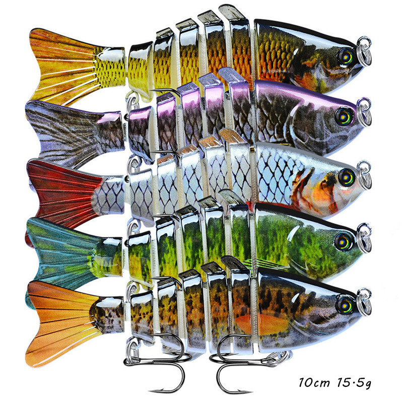 10 cm 15,5 g multi-sectie vishaak harde aas lokt 6# treble hooks 5 kleuren gemengd plastic visserijuitrusting 5 stuks / lot BL-12