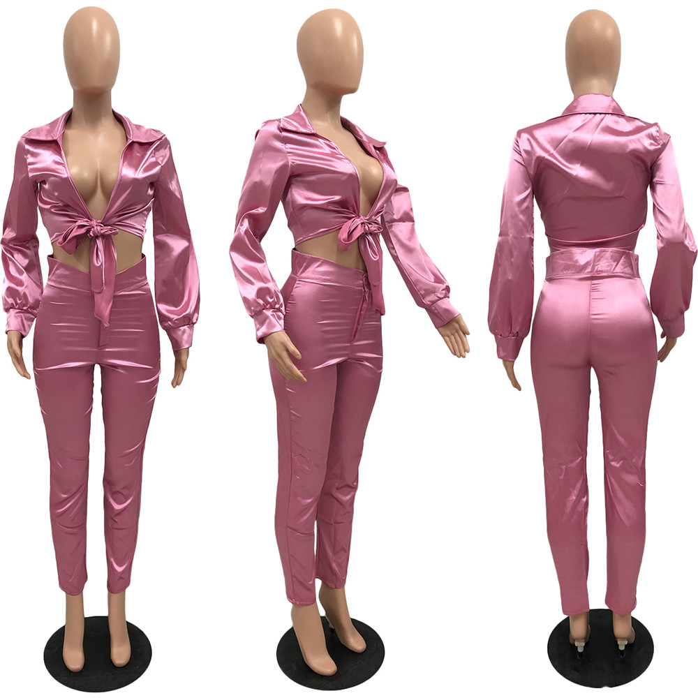 Bulk Wholesale Satin Tracksuits Women Two Piece Sets Outfits Fall Winter Clothing Long Sleeve Shirt and Pants Matching Set Casual Sportswear 8779