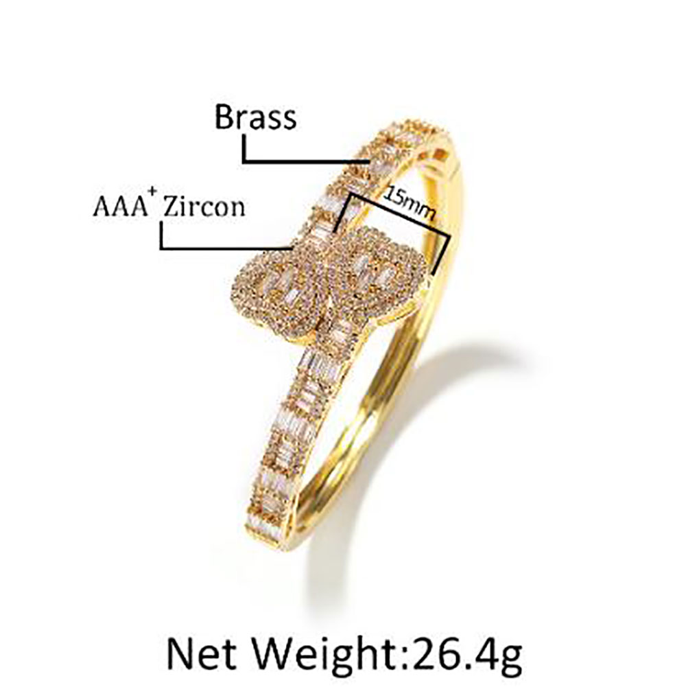 14K White Gold Plated Heart Bangle Diamond Baguette Bracelets Opening Size Cubic Zirconia Hiphop Jewelry for Men Women Gifts203V