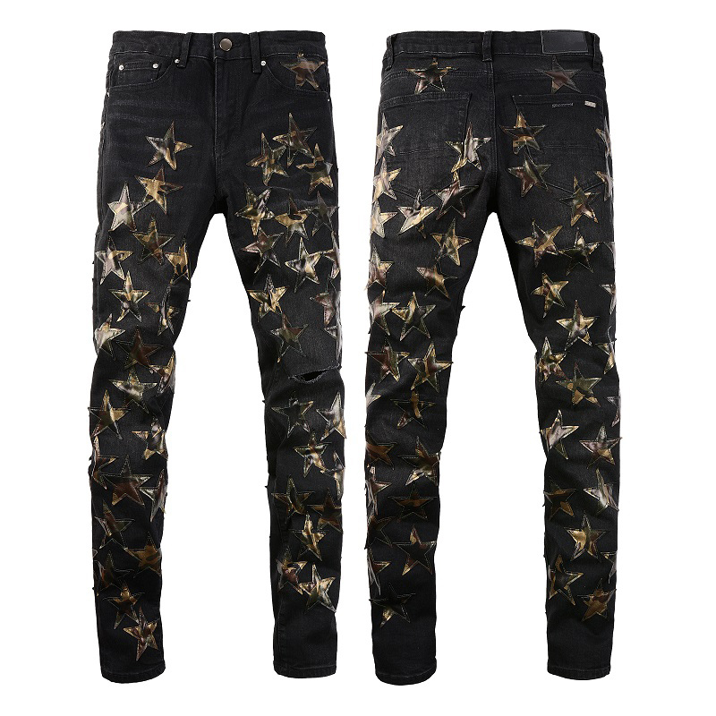 Jeans Masculino Para Homens Rip Slim Fit Skinny Man Pants Star Patches Usando Biker Denim Stretch Cult Stretch Motocicleta Moderna Longa Reta Hip Hop Com Buraco Preto