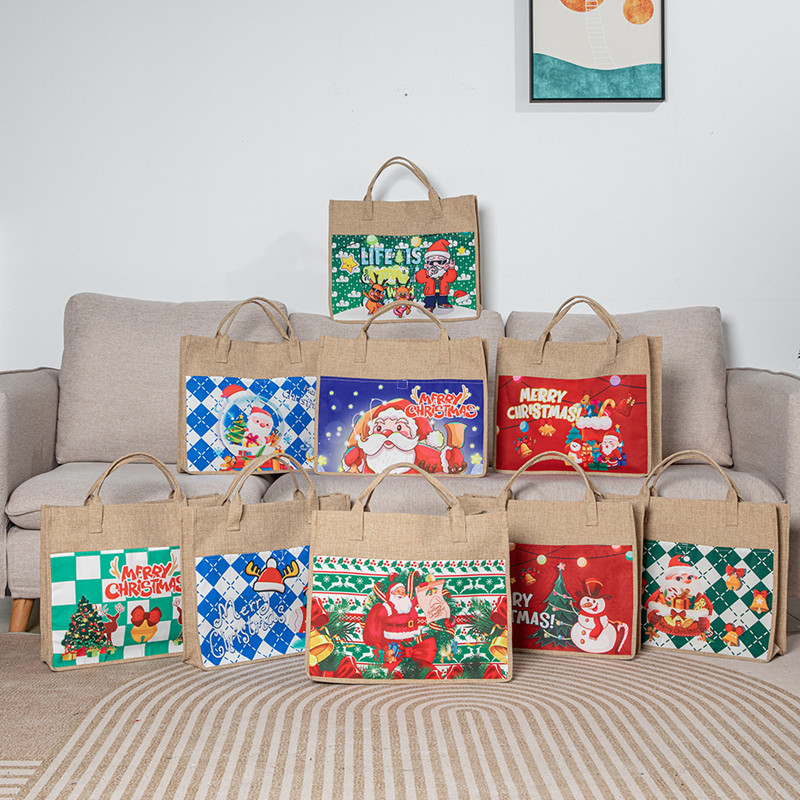 Fontes de festa Sublimação em branco Bolsa de Natal Sacola de compras reutilizável Linho Juta Tote Sacos de compras com alças para presente de dama de honra Viagem DIY Artesanato Bolsa