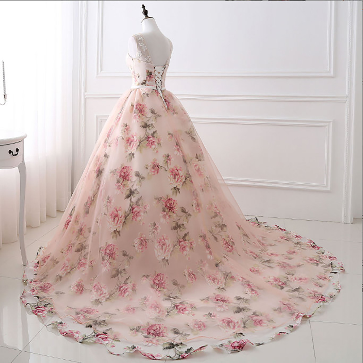 Eleganti abiti da sposa a-line gioiello senza maniche fiori stampa abito da cappella senza schienale con lacci abito su misura abito da sposa taglie forti vestidos de novia