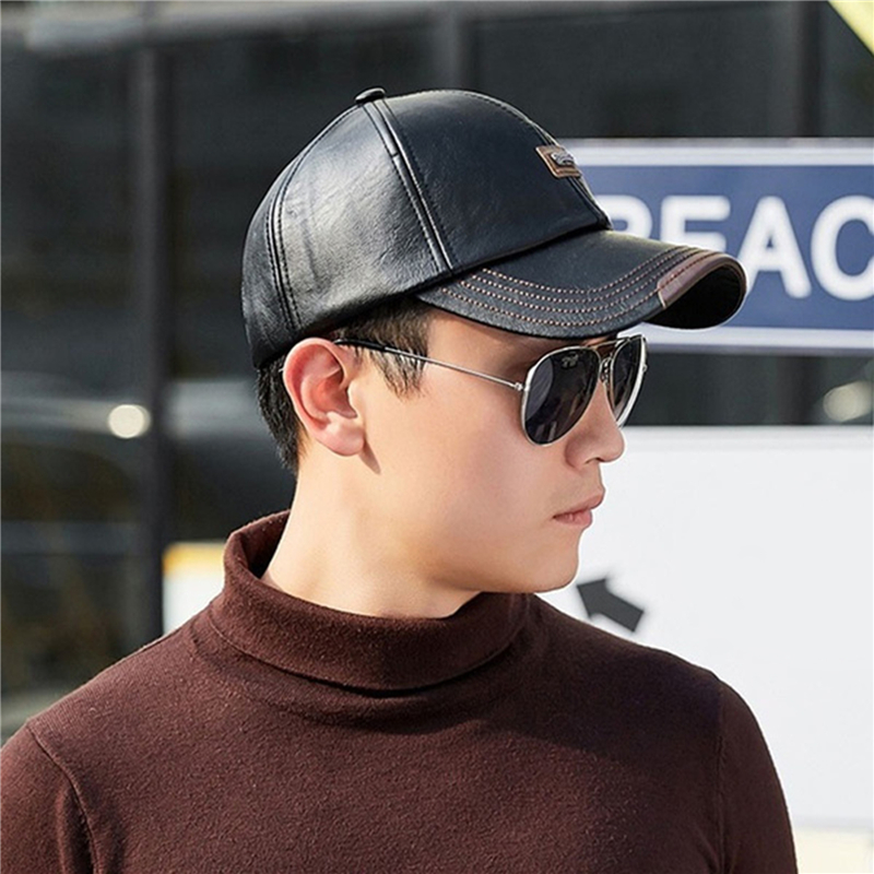 Plain Pu Leather Baseball Cap Men Adjustable Structured Classic Baseball Caps Hat Winter for Elderly Father