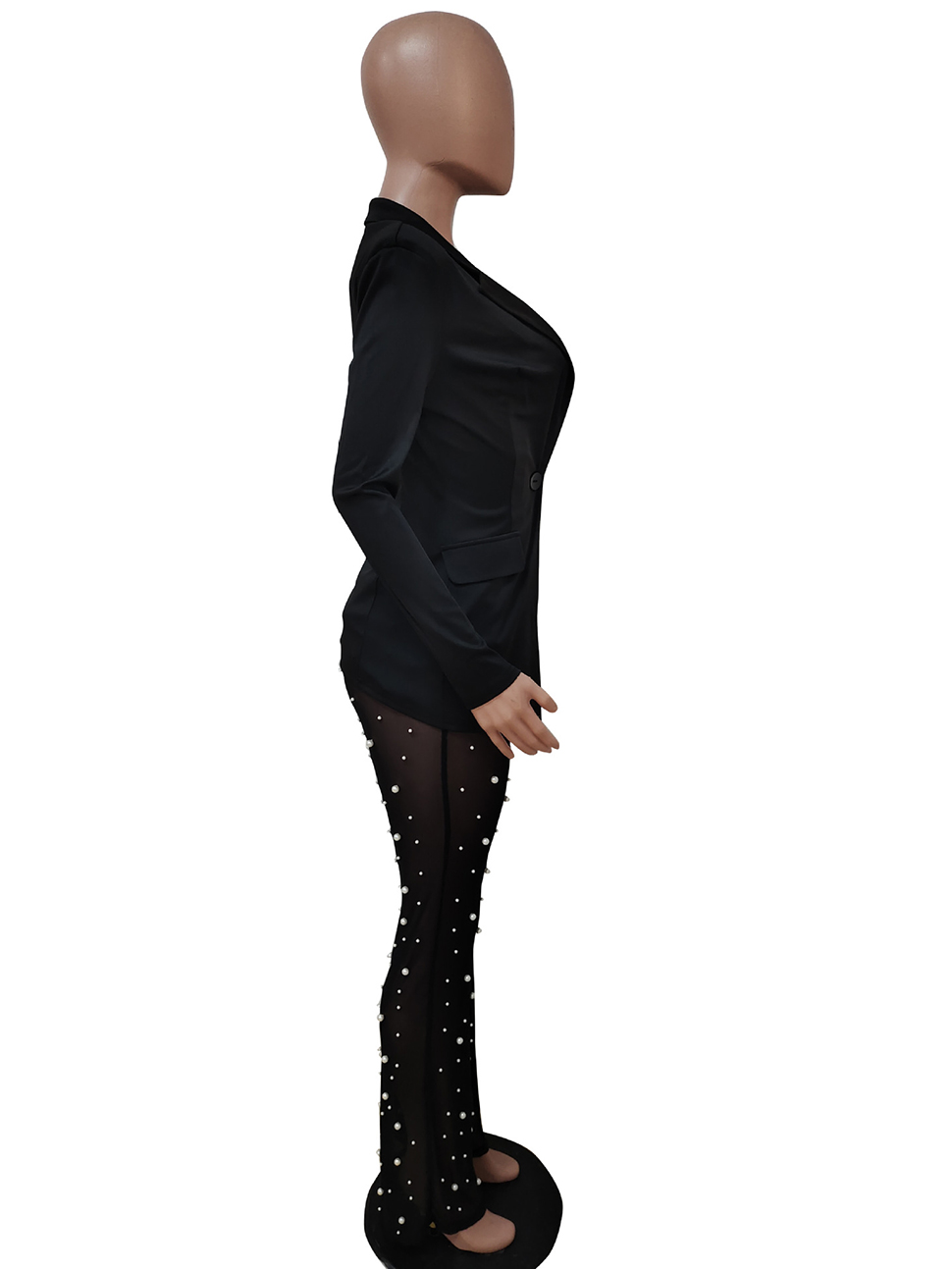 Completi da due pezzi Completi da donna a maniche lunghe con risvolto Blazer Set di pantaloni lunghi aderenti in rete trasparente con perline