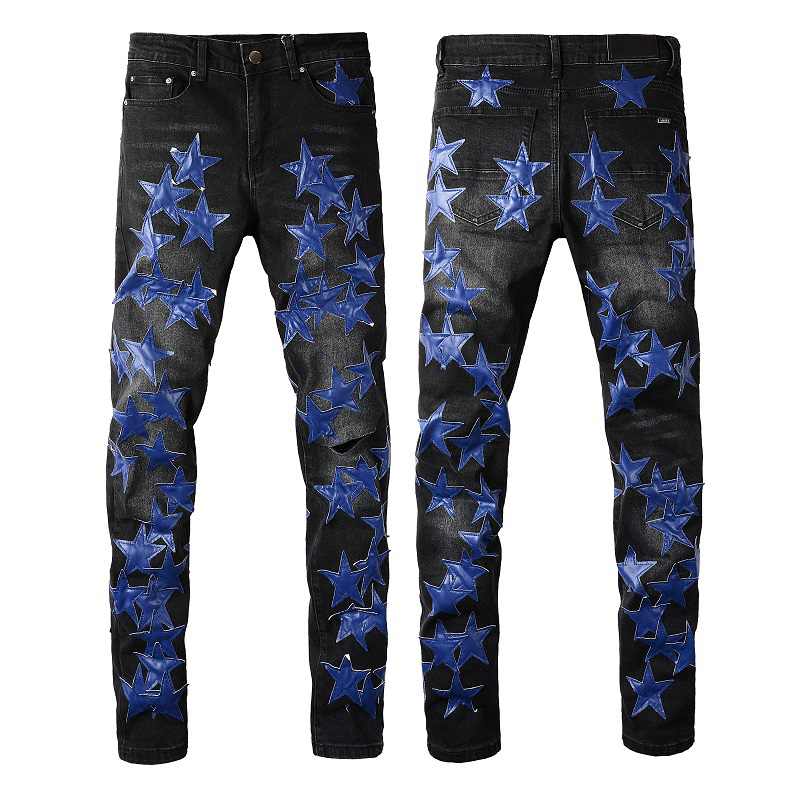 Jeans Masculino Para Homens Rip Slim Fit Skinny Man Pants Star Patches Usando Biker Denim Stretch Cult Stretch Motocicleta Moderna Longa Reta Hip Hop Com Buraco Preto