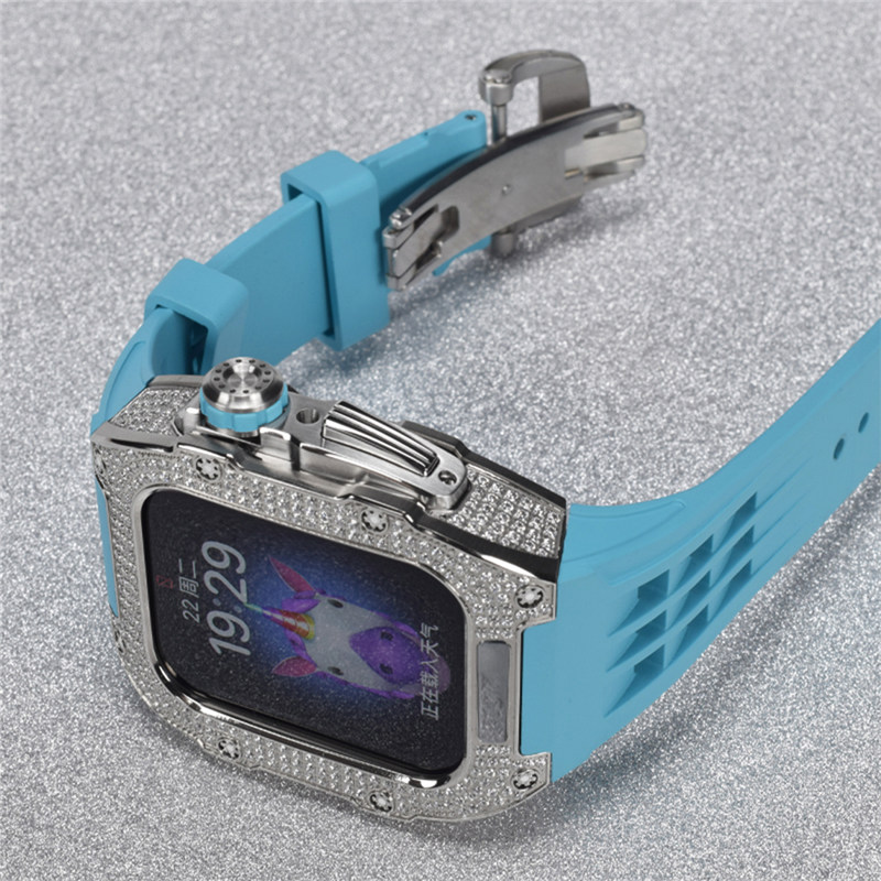 För Apple Watch Series 8 7 6 5 4 SE 44 mm 45 mm Bling Diamond Titanium Alloy Zircon Modification Kit Fluorgummi Skyddsfodral Bandremsskydd