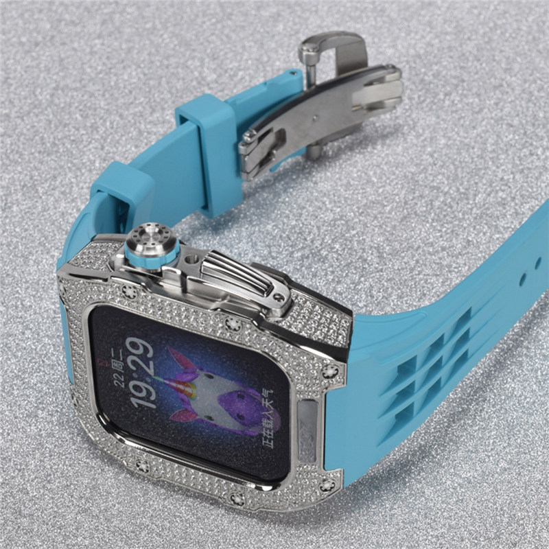 Für Apple Watch Serie 8 7 6 5 4 SE 44 mm 45 mm Bling Diamant Titan Legierung Zirkon Modifikation Kit Fluorkautschuk Schutzhülle Band Strap Cover