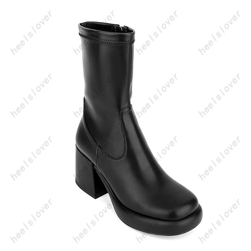 Heelslover New Fashion Women Winter Mid Calf Boots Block klackar Square Toe Elegant Black Club Shoes Ladies US Size 5-13