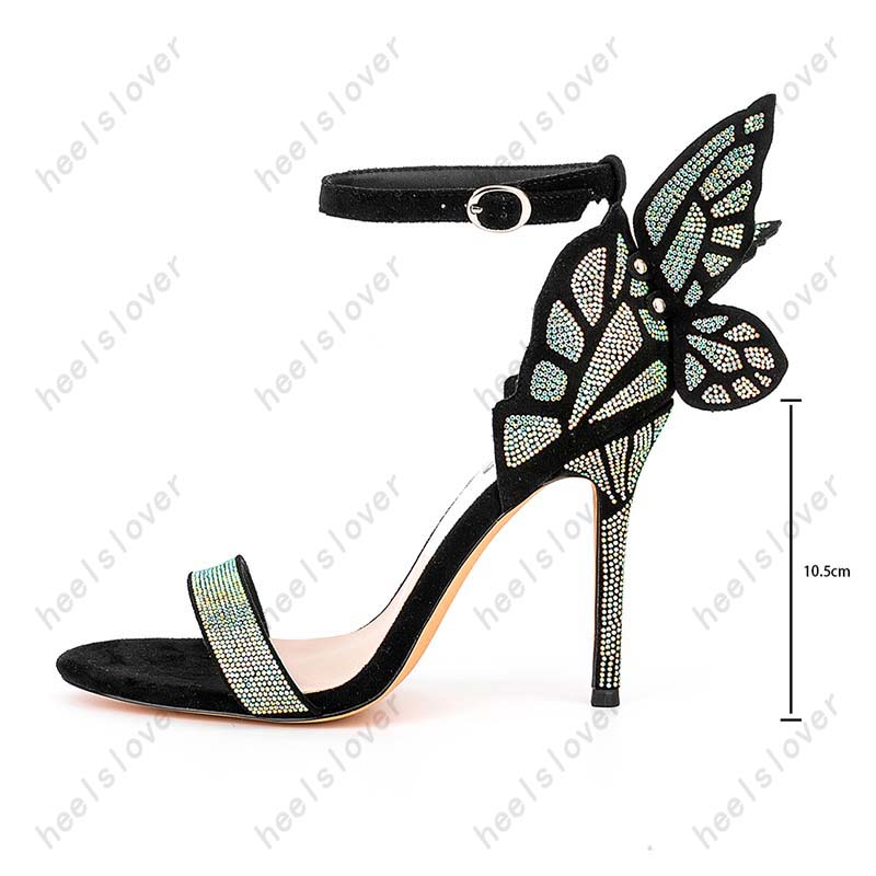 Heelslover New Fashion Women Summer Sandals Butterfly Sexig stilett klackar Öppen tå vackra svarta festskor damer USA storlek 5-13