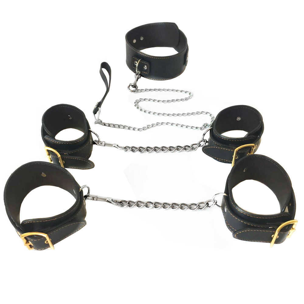 Beauty Items Black emperor SM leather high quality handcuffs feet collar three pieces of binding black toys sexy