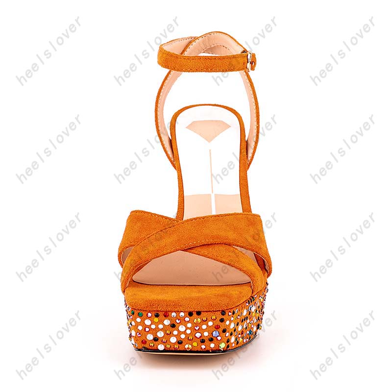 Heelslover, nueva moda, sandalias de verano para mujer, correa en el tobillo, tacones sexis gruesos, punta cuadrada, bonitos zapatos naranjas, talla estadounidense 5-13