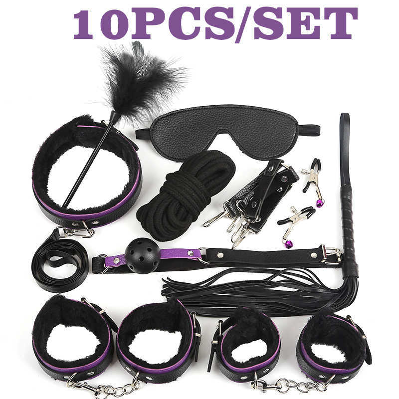 Beauty Items 10 StückPlüsch-Leder-Bondage-Fesseln für Frauen und Männer, sexy Spielzeug, BDSM-Handschellen, Knöchel-Nippelklemmen, erotische Spiele für Erwachsene, exotisch