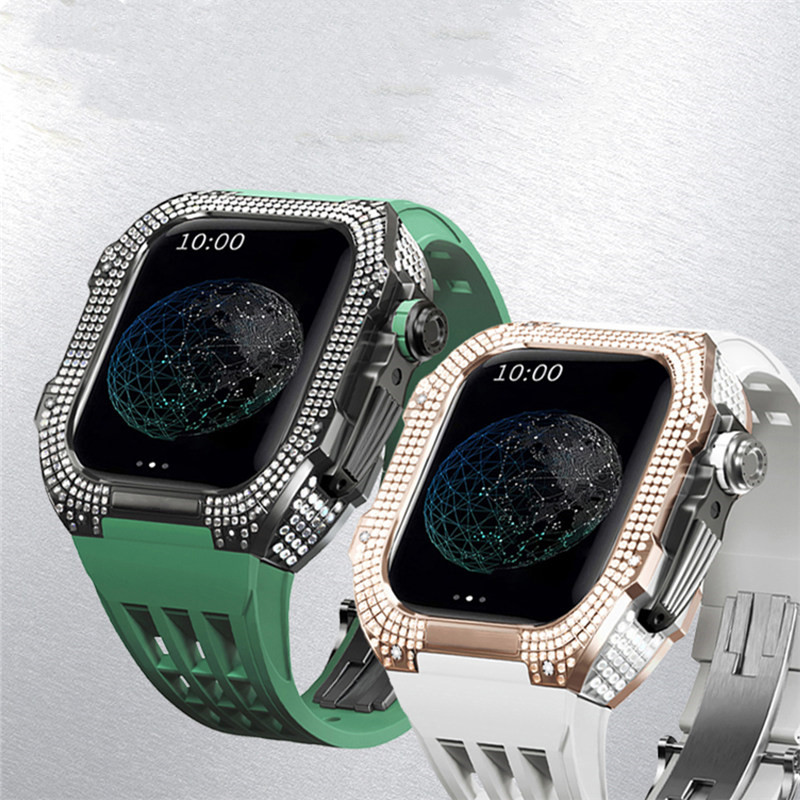 Für Apple Watch Serie 8 7 6 5 4 SE 44 mm 45 mm Bling Diamant Titan Legierung Zirkon Modifikation Kit Fluorkautschuk Schutzhülle Band Strap Cover