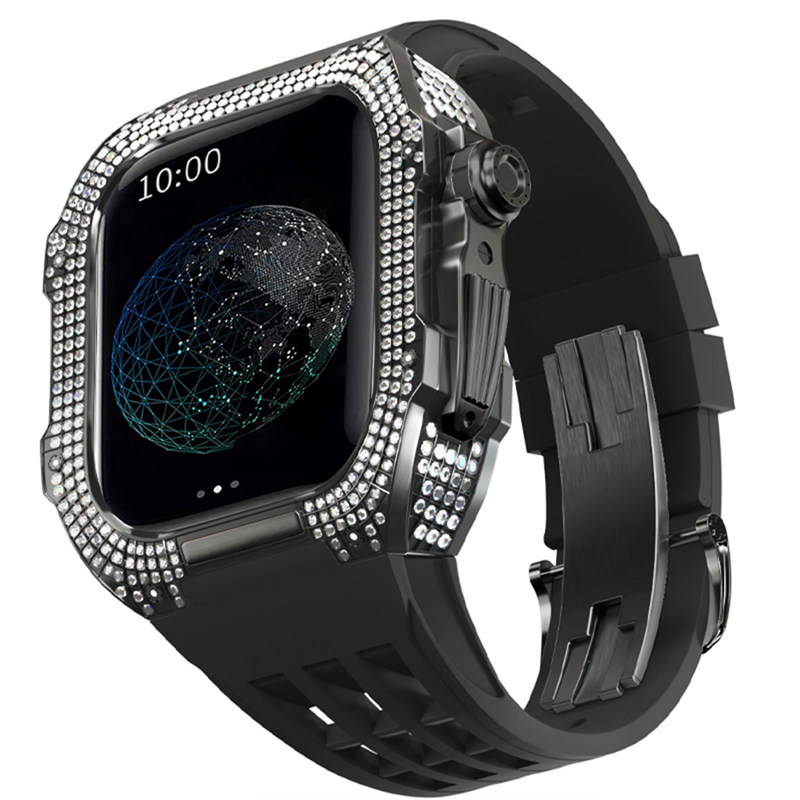 Für Apple Watch Serie 8 7 6 5 4 SE 44 mm 45 mm Bling Diamant Titan Legierung Zirkon Modifikation Kit Fluorkautschuk Schutzhülle Band Strap Cover