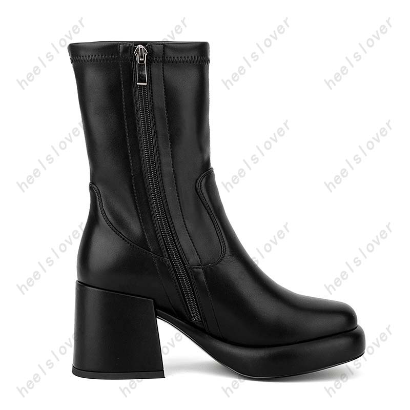 HeelsLover New Moda Women Women Winter Boots Calf Block Heels Square Toe