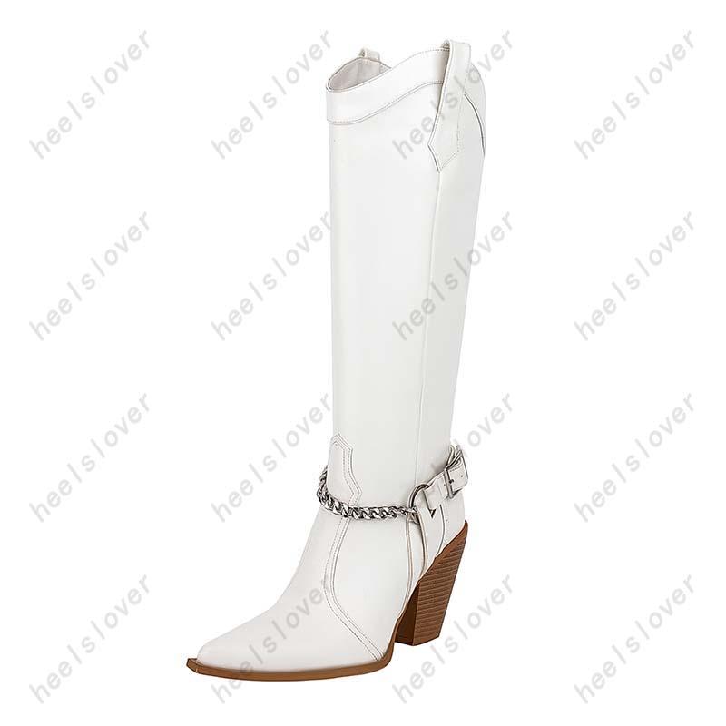 Heelslover New Fashion Women Winter Mid Calf Boots Lock Heels Pointed Toe Black White Western Shoes Ladies Us Size 5-13