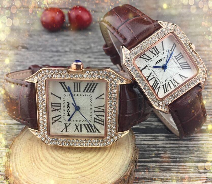 Popular Diamonds Ring Luxury Man Women Watches Lady Dress Square Roman Dial Three Pins Auto Date Genuine Leather Belt Wristwatch O229m